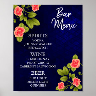 Poster Bar Menu - Dark Blue and Coral Rose Flower