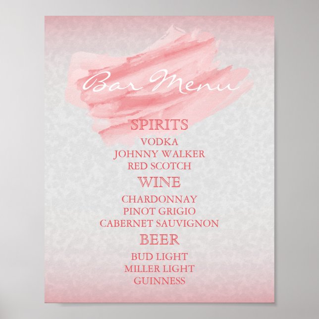 Póster Bar Menu para Um Casamento - Moderna Coral Waterco (Frente)
