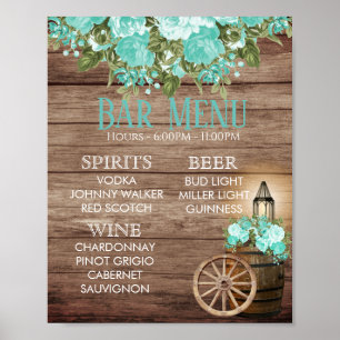 Poster Bar Menu -  Weathered Wood Barrel - Teal