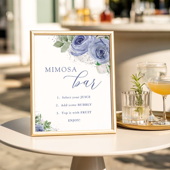 Poster Bar Mimosa, Chá de fraldas Floral Azul e Prata (Criador carregado)