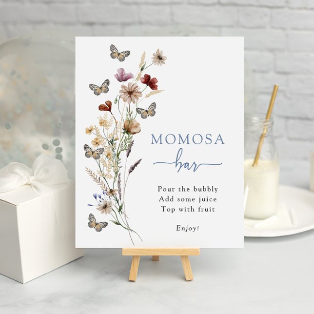 Poster Bar Momosa de flor selvagem azul (Dusty Blue Wildflower Mimosa Bar Poster with Butterflies by Painted Paperie
)