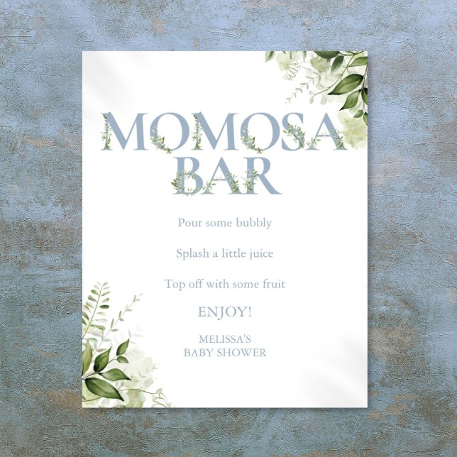 Poster Bar Momosa Verde Chá de fraldas Azul Dusty (Momosa Bar Greenery Dusty Blue Baby Shower Poster)