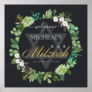 POSTER BAR NEGRO FOLIAGE WREATH STAR BAT MITZVAH WELCOME