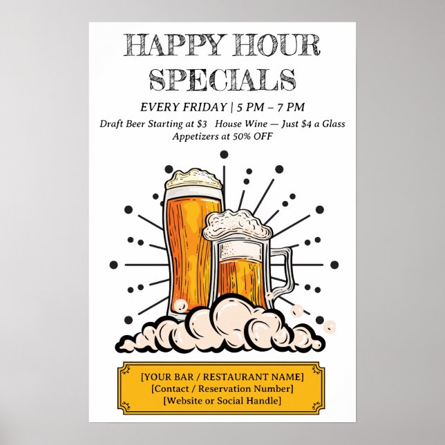 Poster Bar & Restaurant Custom Happy Hour (Frente)