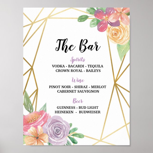 Poster Bar - Sinal Floral de Verão Recepção de casamento  (Frente)