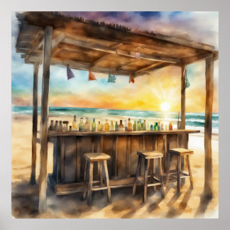 Poster Bar tropical de Tiki em Sunset - Watercolor Vibe