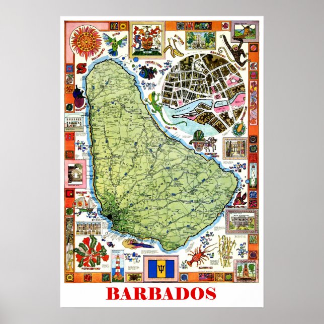 Poster Barbados, mapa da ilha, atrações turísticas, colhe (Frente)