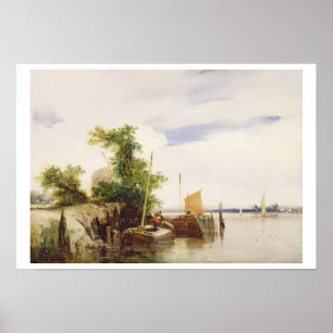 Poster Barcas em um rio, c.1825-26 (óleo no millboard) (