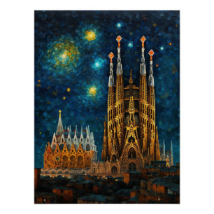 Póster Barcelona Basilica Sagrada Família Starry Night