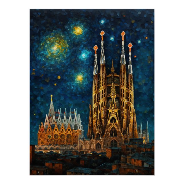 Póster Barcelona Basilica Sagrada Família Starry Night (Frente)