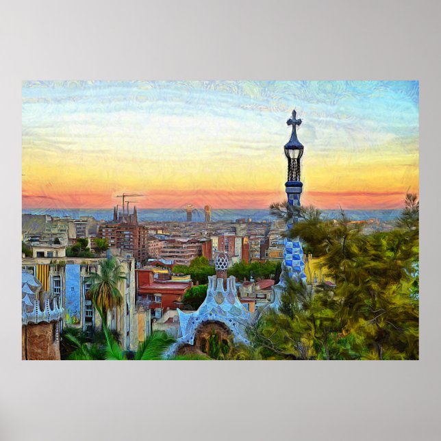 Póster Barcelona. Panorama da cidade de Park Guell. (Frente)