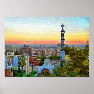 Póster Barcelona. Panorama da cidade do parque Guell.