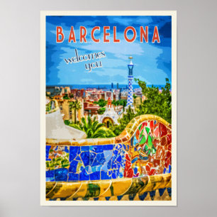 Poster Barcelona Park Guell Vintage Travel Photographic
