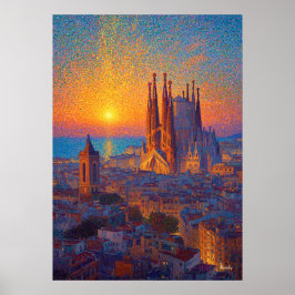 Poster Barcelona Sagrada Familia Pointillism Sunset Art