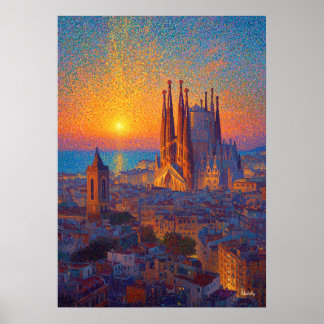 Poster Barcelona Sagrada Familia Pointillism Sunset Art