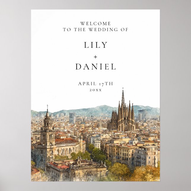 Poster Barcelona Skyline Wedding Welcome Sign (Frente)