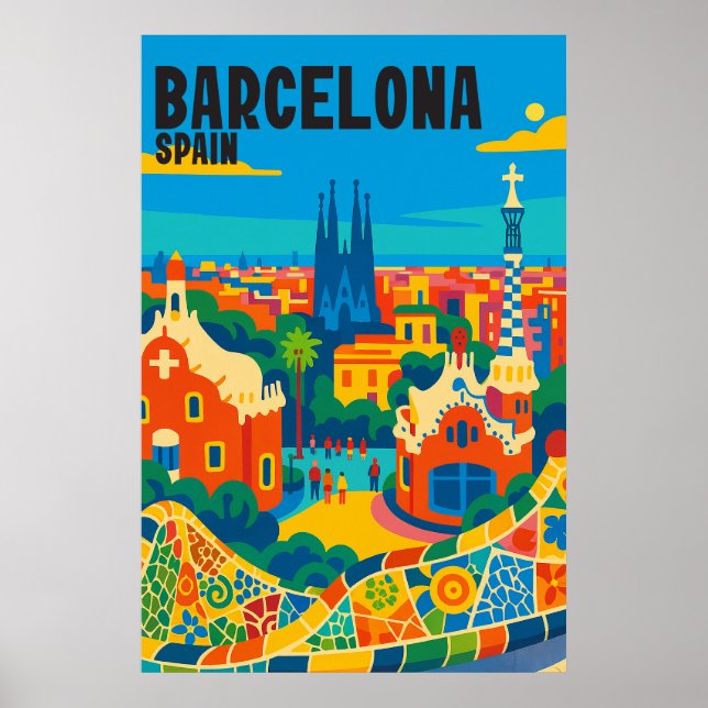 Poster Barcelona Spain Colorful Aerial View Travel (Frente)