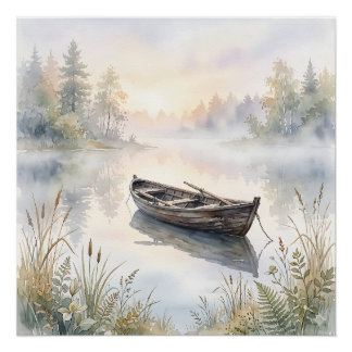 Póster Barco a Remo Sereno em Lago Nebuloso ao Nascer do