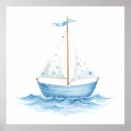 Poster Barco à Vela Aquarela Azul e Branco – Bebê Náutico