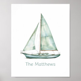 Poster Barco à Vela Azul Costeiro Personalizado em Aquare