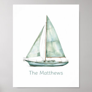 Poster Barco à Vela Azul Costeiro Personalizado em Aquare