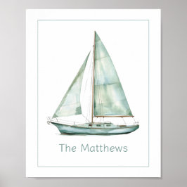 Poster Barco à Vela Azul Costeiro Personalizado em Aquare
