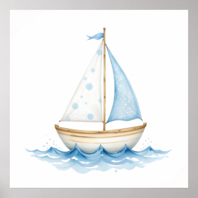 Poster Barco à Vela Azul e Branco em Aquarela – Bebê Náut (Frente)