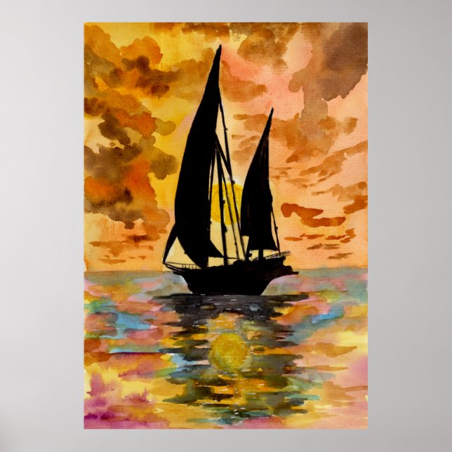 Poster Barco à Vela e Pôr do Sol no Oceano (Frente)