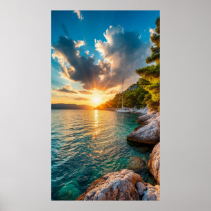 Poster ⛵ Barco à Vela no Mediterrâneo Brilho do Pôr do So