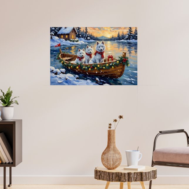 Poster Barco de Natal do Samoyed Branco Férias (Sala de Estar 3)
