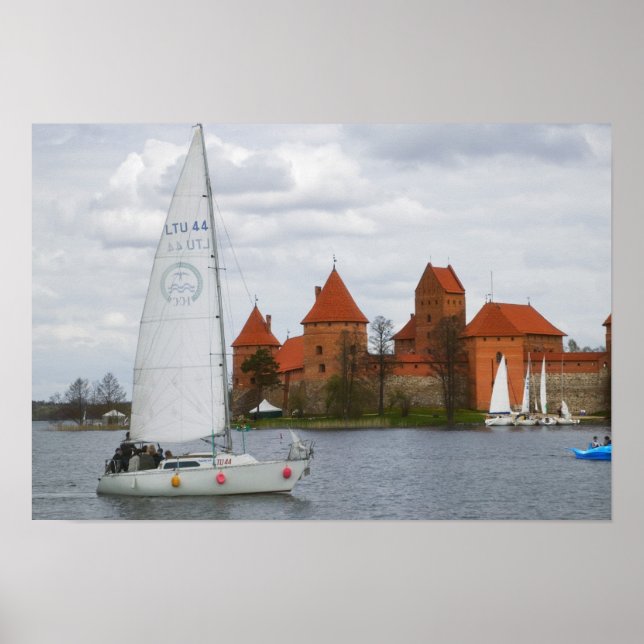 Poster Barco de vela com Castelo de Ilha pelo Lago Galve, (Frente)