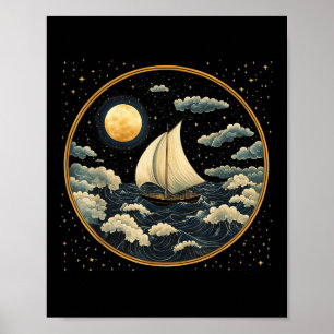 Poster Barco de Vela Estética Celestial Arte Deco Oceano 