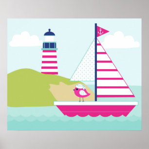 Poster Barco e Farol, cor-de-rosa,