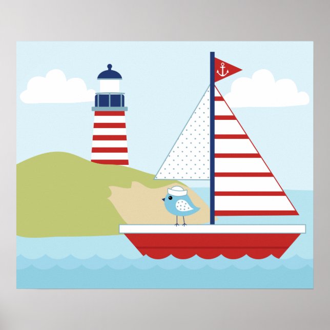 Poster Barco e Farol de Velas Vermelhas (Frente)