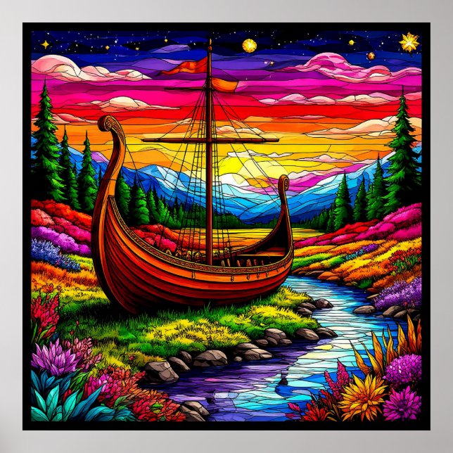 Poster Barco em uma Paisagem Colorida (Frente)