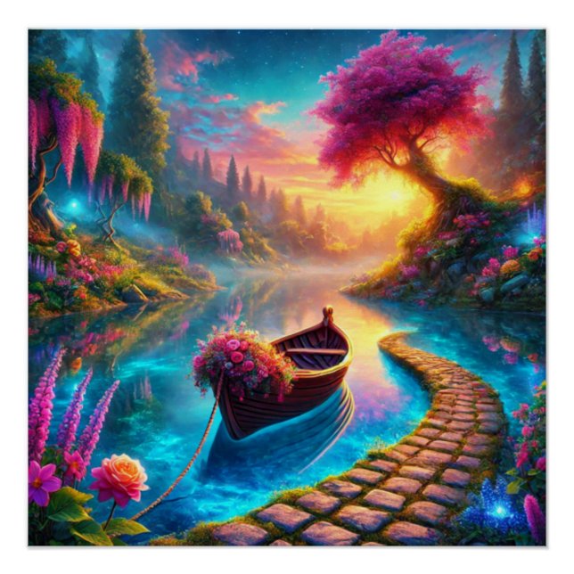 Póster Barco Floral Encantado em Serene Waters Fantasy (Frente)