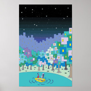Poster Barco flutuando no lago e um céu estrelado.