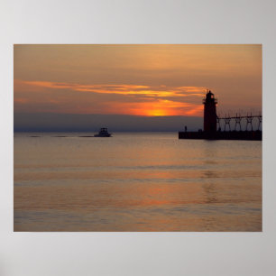Póster Barco no Lago Michigan no farol sul do abrigo