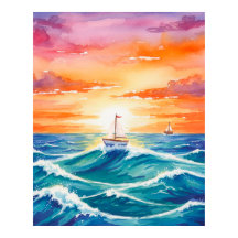 Barco Pôr do Sol Oceano Colorido Aquarela Bruno Ma