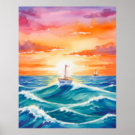 Poster Barco Pôr do Sol Oceano Colorido Aquarela Bruno Ma