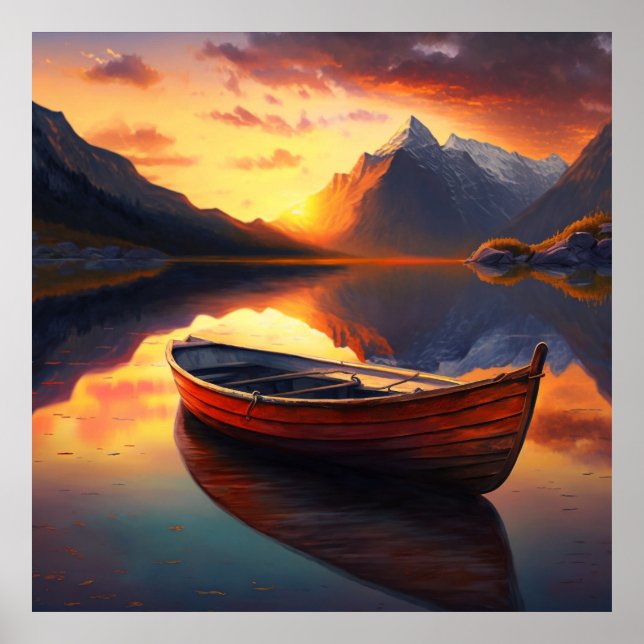 Poster Barco Sunset no Lago com Fundo de Montanha (Frente)