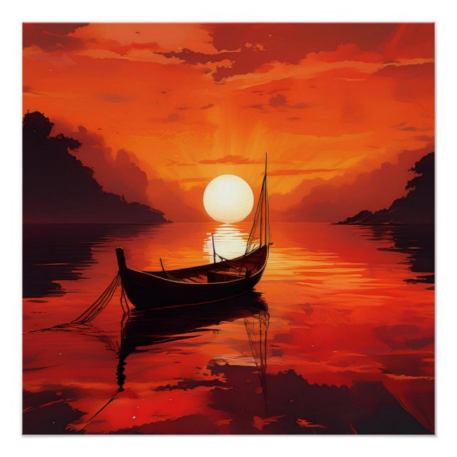 Póster Barco Tranquilo em Fiery Sunset - Arte Natural Ser (Frente)
