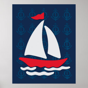 Poster Barco-vela - Arte náutica vermelha, branca e azul