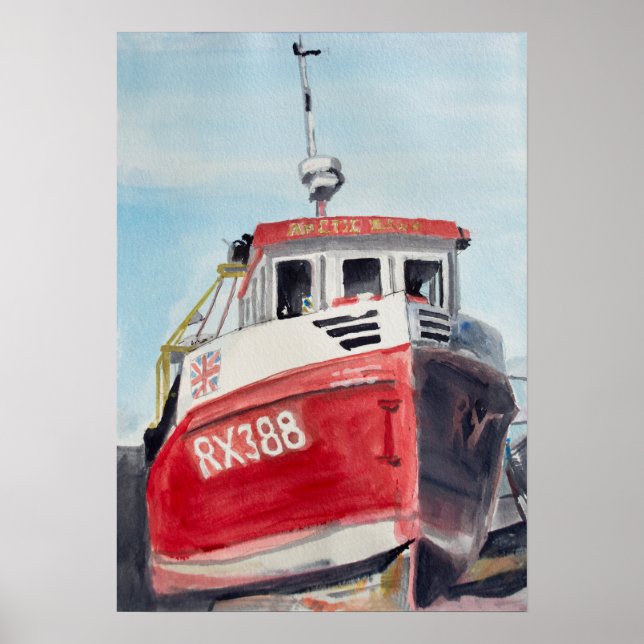 Poster Barco Vermelho Aquarela Costeira (Frente)