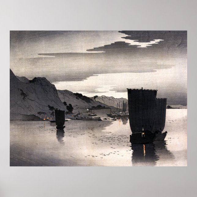 Poster Barcos à vela à noite, Ohara Koson (Frente)