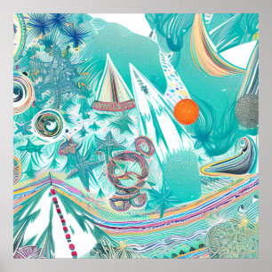 Poster Barcos a vela e criaturas marítimas Abstrato Beach