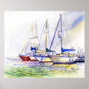 Poster Barcos à Vela Ensolarados numa Paisagem Aquática d