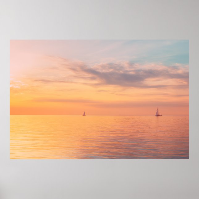 Poster Barcos à Vela no Pôr do Sol Brilho no Horizonte do (Frente)