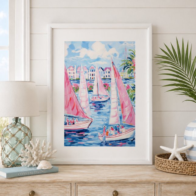 Poster Barcos à Vela Rosa Aquarela Parede Tropical Costei (Criador carregado)