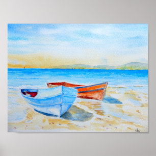 Póster Barcos da praia da pintura da aguarela